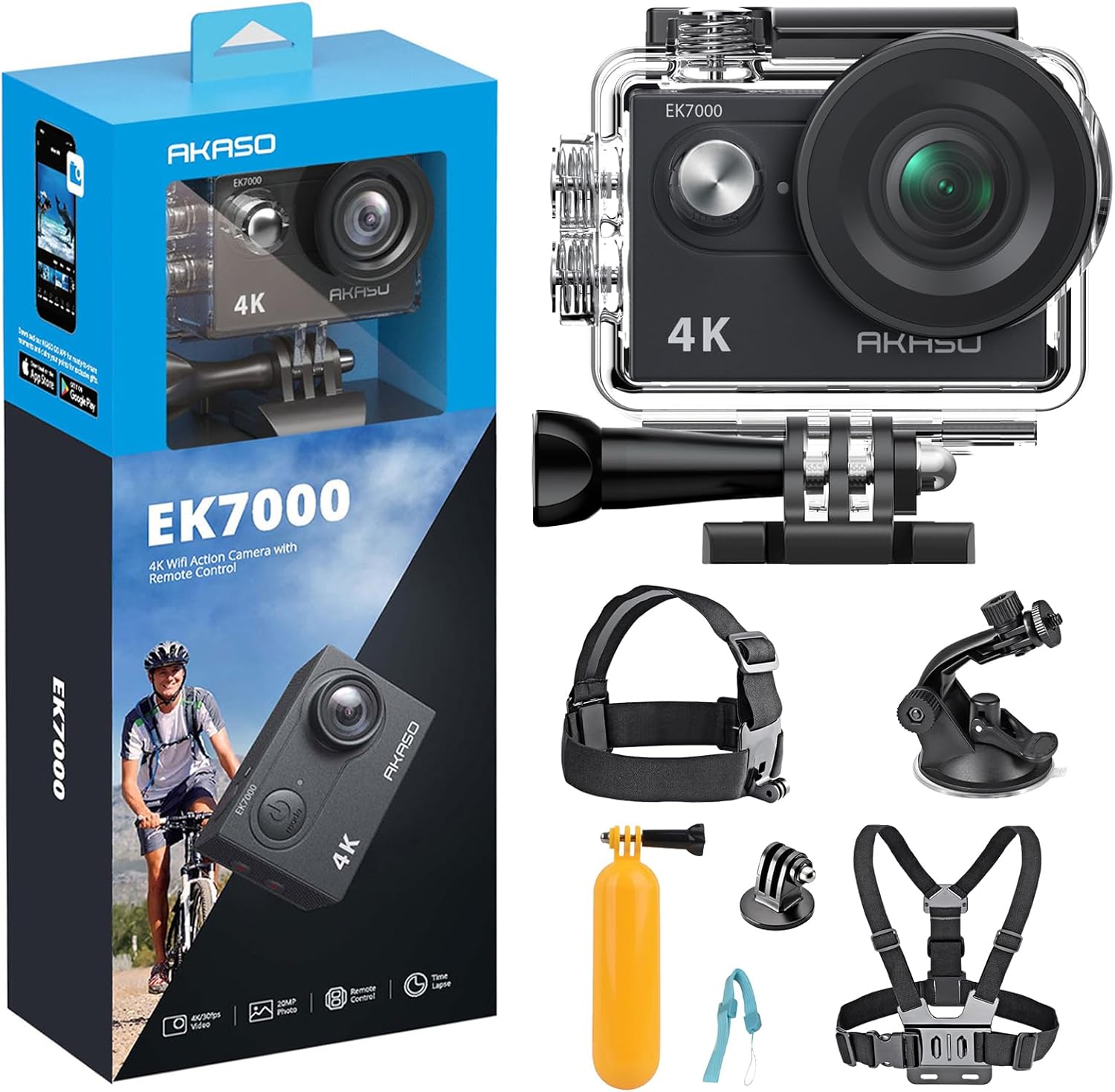 AKASO EK7000 4K30FPS 20MP WiFi Action Camera and 7 in 1 Action Camera Accessories Kit Bundle