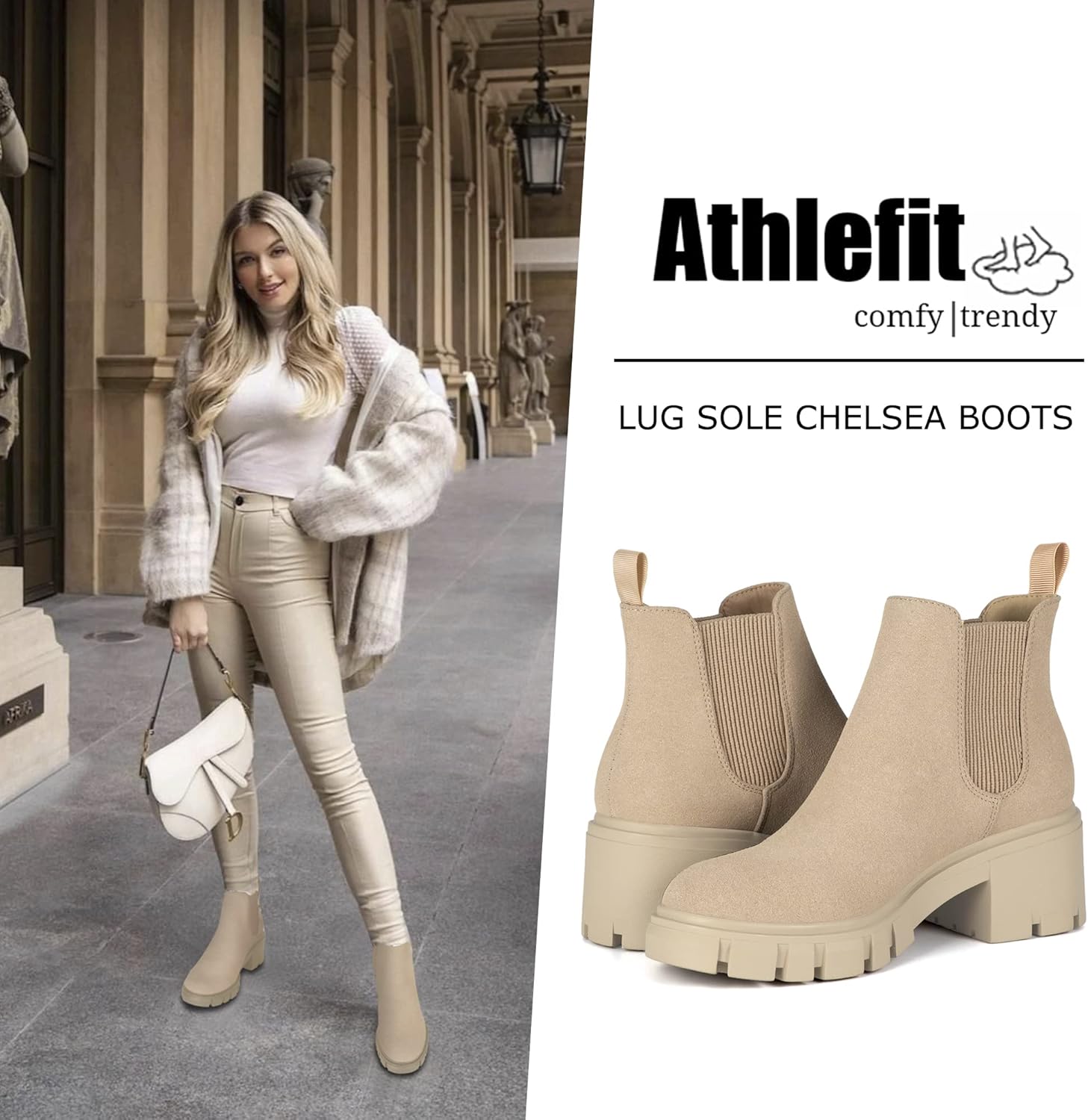 Women's Chelsea Boots Fashion Lug Sole Chunky Heel Slip on Elastic Ankle Booties - Image 2