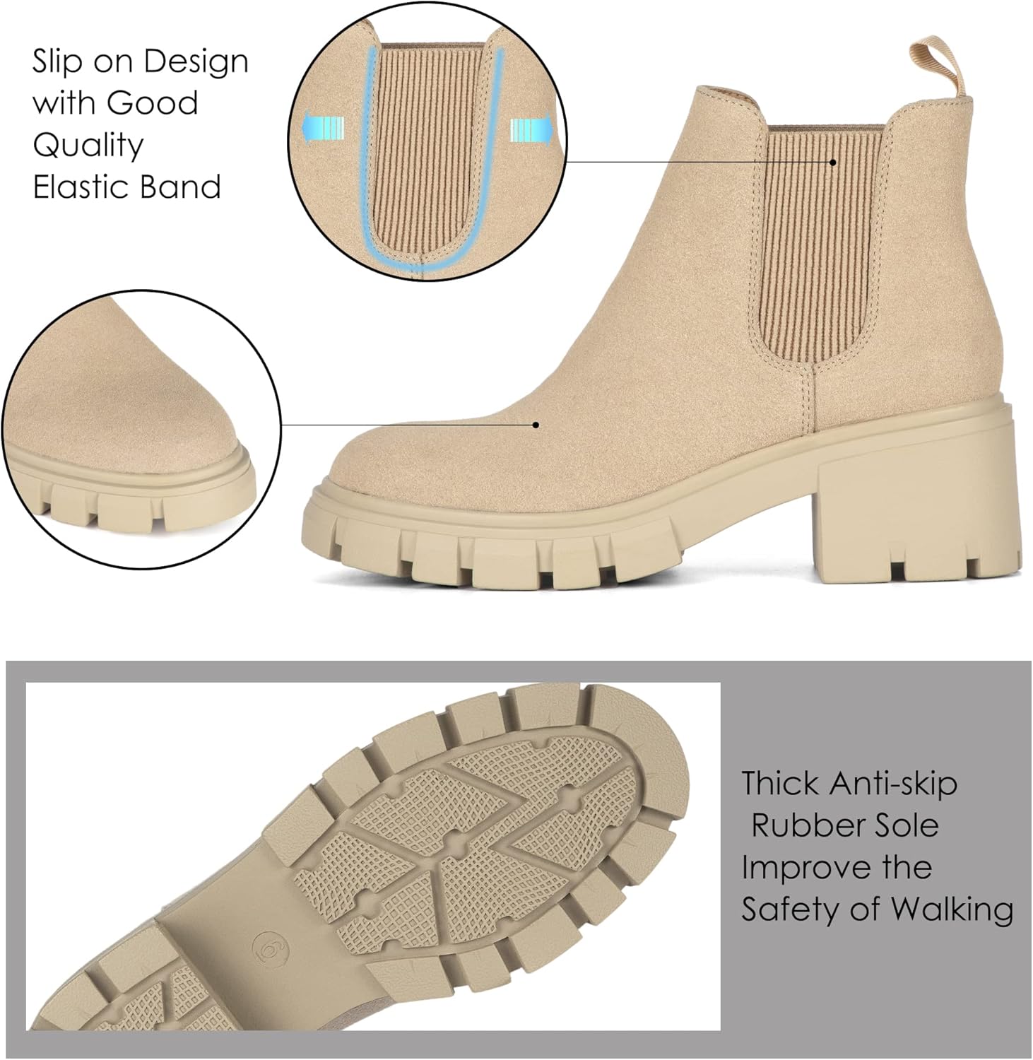 Women's Chelsea Boots Fashion Lug Sole Chunky Heel Slip on Elastic Ankle Booties - Image 4