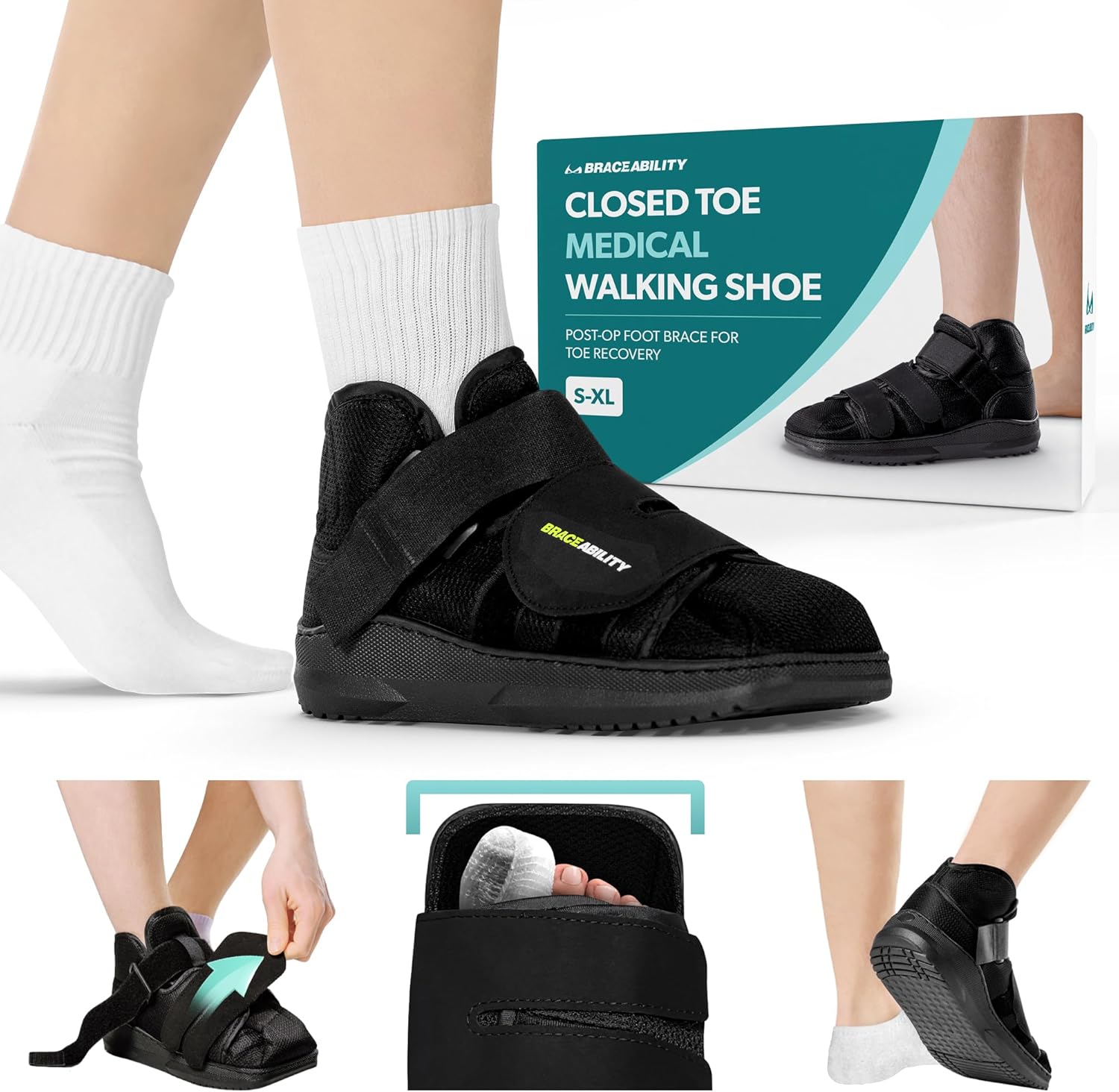 BraceAbility Closed Toe Medical Walking Shoe - Lightweight Broken Toe Cast Boot, Fractured Foot Brace for Metatarsal Stress Fracture, Post-op Bunion, Hammertoe Recovery - For Men or Women (M)