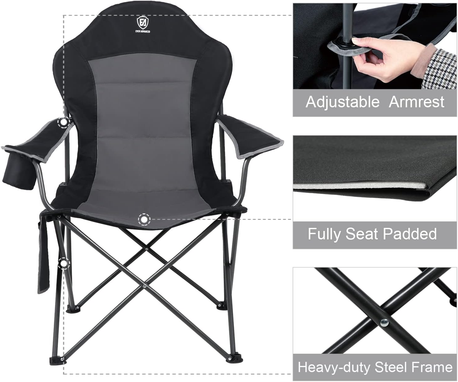 EVER ADVANCED Folding Camping Chair for Outside High Back Padded Oversized Lawn Chairs Folding Lightweight Sturdy Steel Portable Outdoor Camp Chair for Adults - Image 6