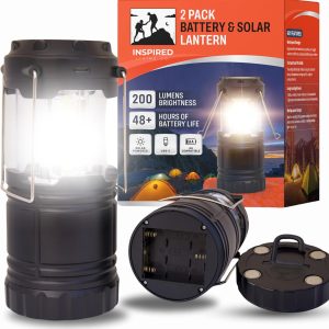 Lanterns for Power Outage, Portable LED Battery Operated Camping Lanterns 2-Pack, 48 Hr Battery Life, Solar, USB-C & AA Powered, Adjustable Brightness, Emergency Lights for Home Power Failure