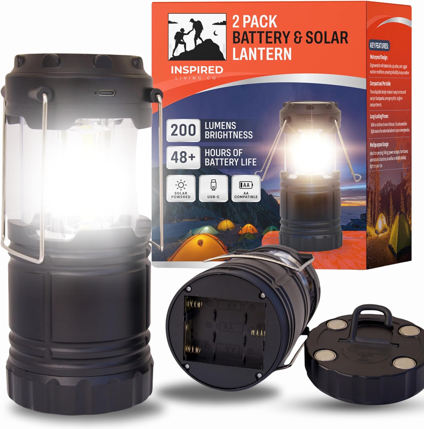 Lanterns for Power Outage, Portable LED Battery Operated Camping Lanterns 2-Pack, 48 Hr Battery Life, Solar, USB-C & AA Powered, Adjustable Brightness, Emergency Lights for Home Power Failure