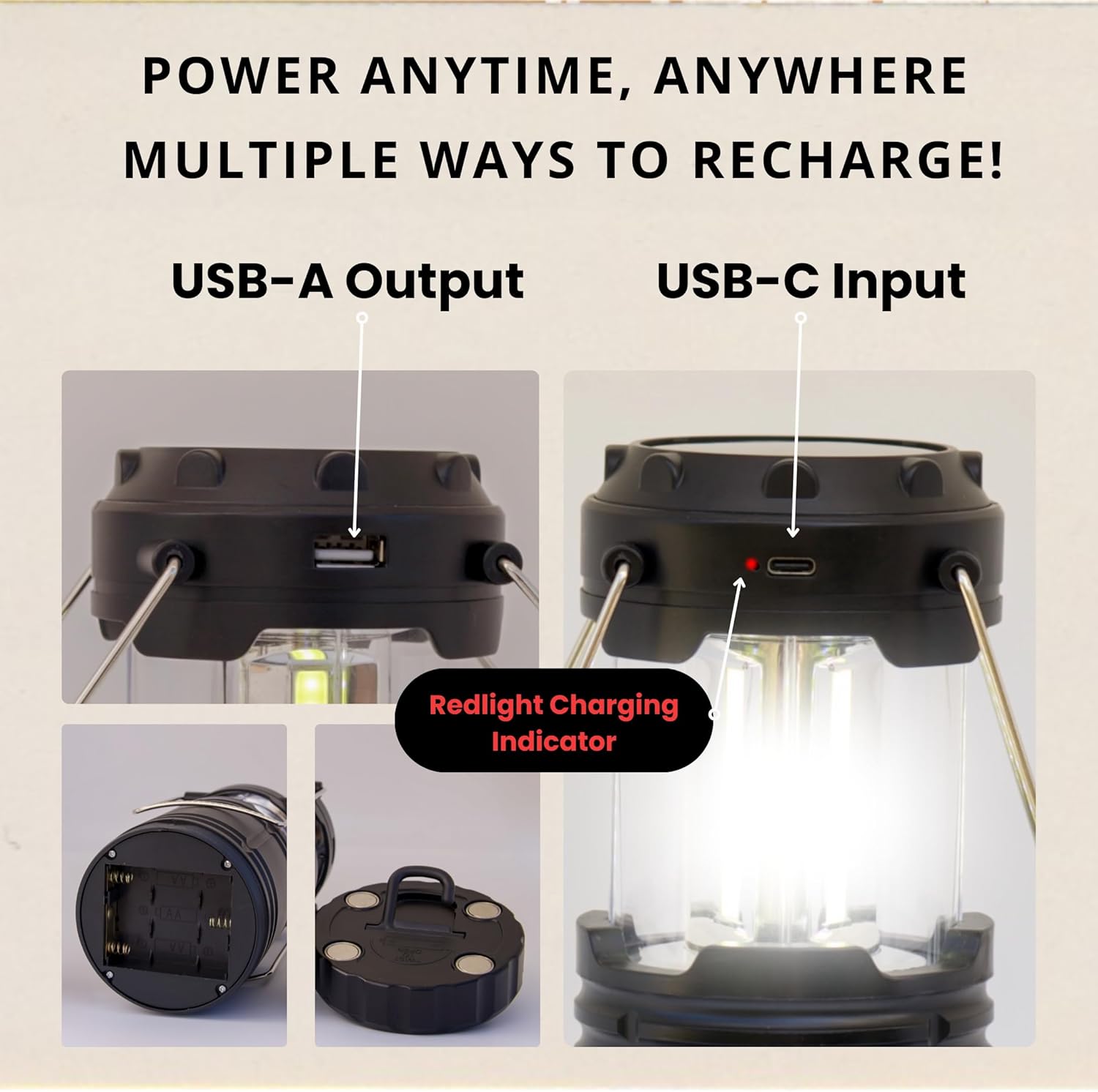 Lanterns for Power Outage, Portable LED Battery Operated Camping Lanterns 2-Pack, 48 Hr Battery Life, Solar, USB-C & AA Powered, Adjustable Brightness, Emergency Lights for Home Power Failure - Image 8