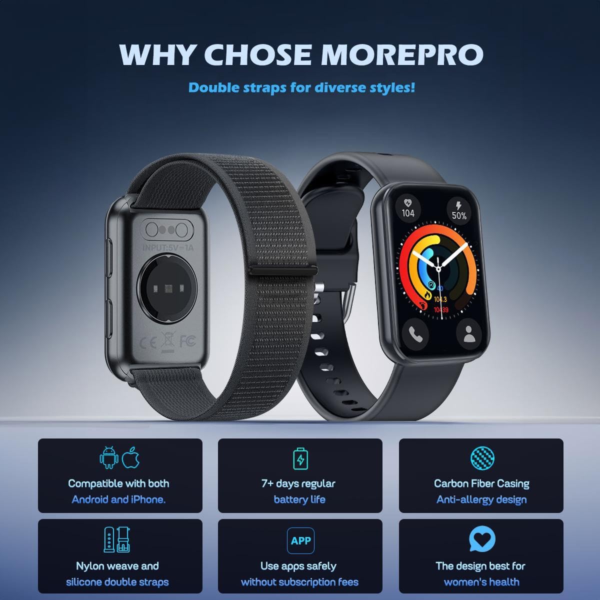 MorePro AIR2 Fitness Tracker, Smart Watch with 24/7 Heart Rate and Blood Pressure, Step Calorie Counter, Sleep Monitor, IP68 Waterproof Fitness Watch for Women Men Andriod iOS(Black) - Image 2