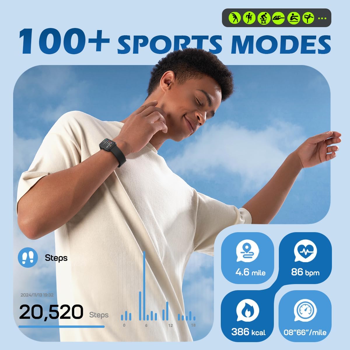 MorePro AIR2 Fitness Tracker, Smart Watch with 24/7 Heart Rate and Blood Pressure, Step Calorie Counter, Sleep Monitor, IP68 Waterproof Fitness Watch for Women Men Andriod iOS(Black) - Image 4