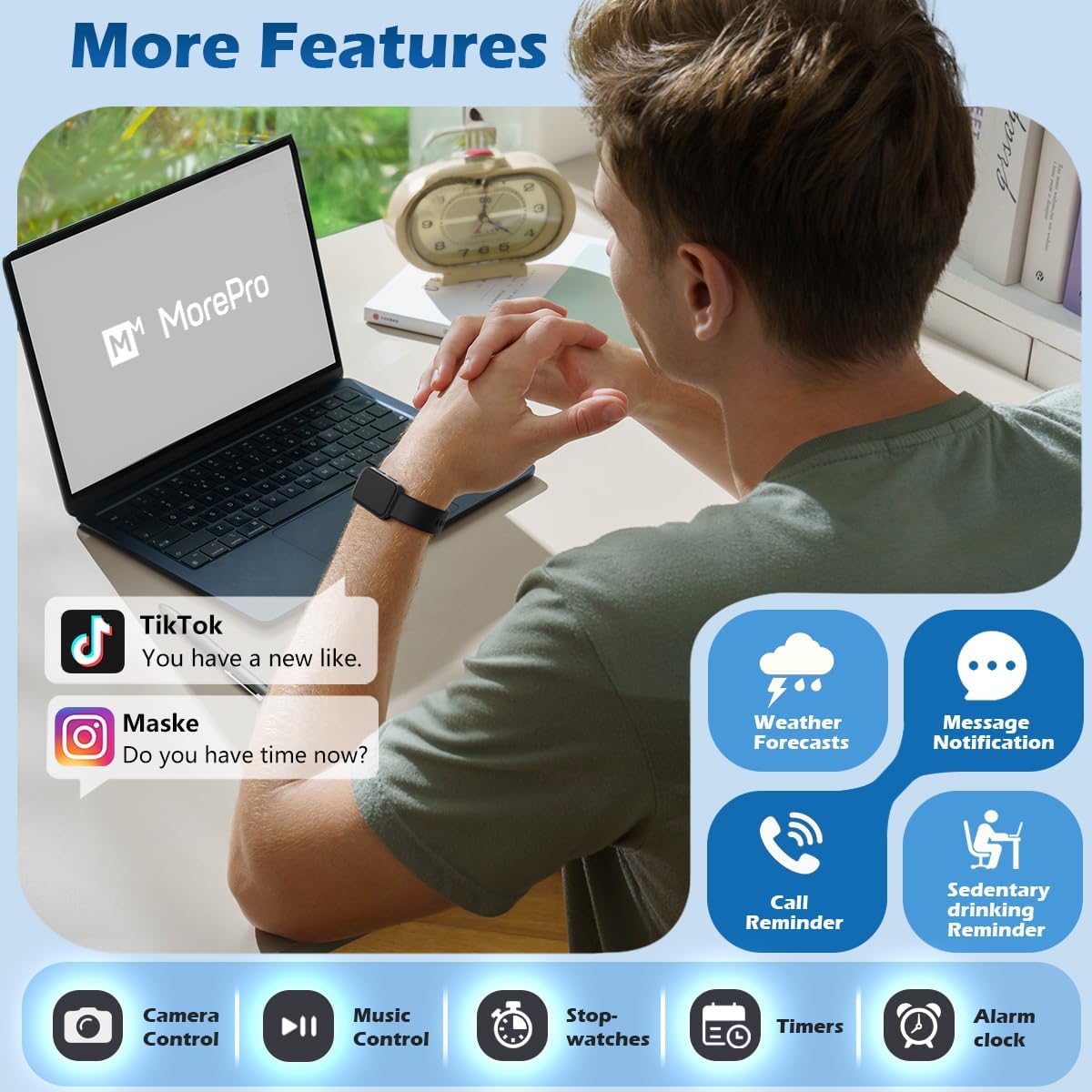 MorePro AIR2 Fitness Tracker, Smart Watch with 24/7 Heart Rate and Blood Pressure, Step Calorie Counter, Sleep Monitor, IP68 Waterproof Fitness Watch for Women Men Andriod iOS(Black) - Image 6