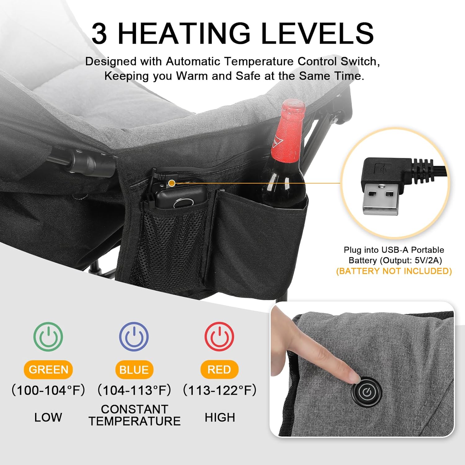 REALEAD Oversized Heated Camping Chair | Fully Thick Padded | Heated Chairs for Outdoor Sports with Back and Seat Heating | Heated Folding Chair for Adults | Support 400lbs | Battery NOT Included - Image 4