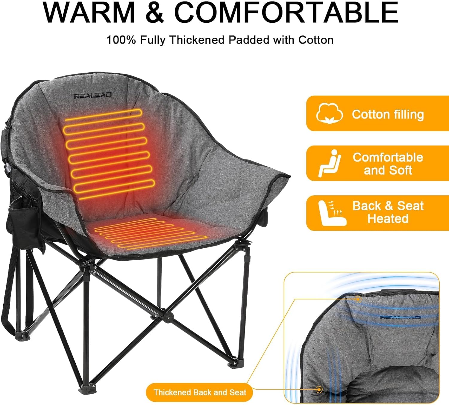 REALEAD Oversized Heated Camping Chair | Fully Thick Padded | Heated Chairs for Outdoor Sports with Back and Seat Heating | Heated Folding Chair for Adults | Support 400lbs | Battery NOT Included - Image 5