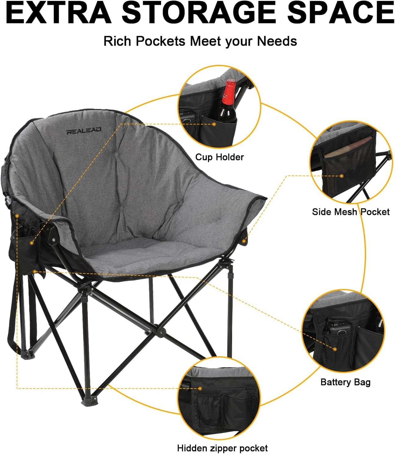 REALEAD Oversized Heated Camping Chair | Fully Thick Padded | Heated Chairs for Outdoor Sports with Back and Seat Heating | Heated Folding Chair for Adults | Support 400lbs | Battery NOT Included - Image 6